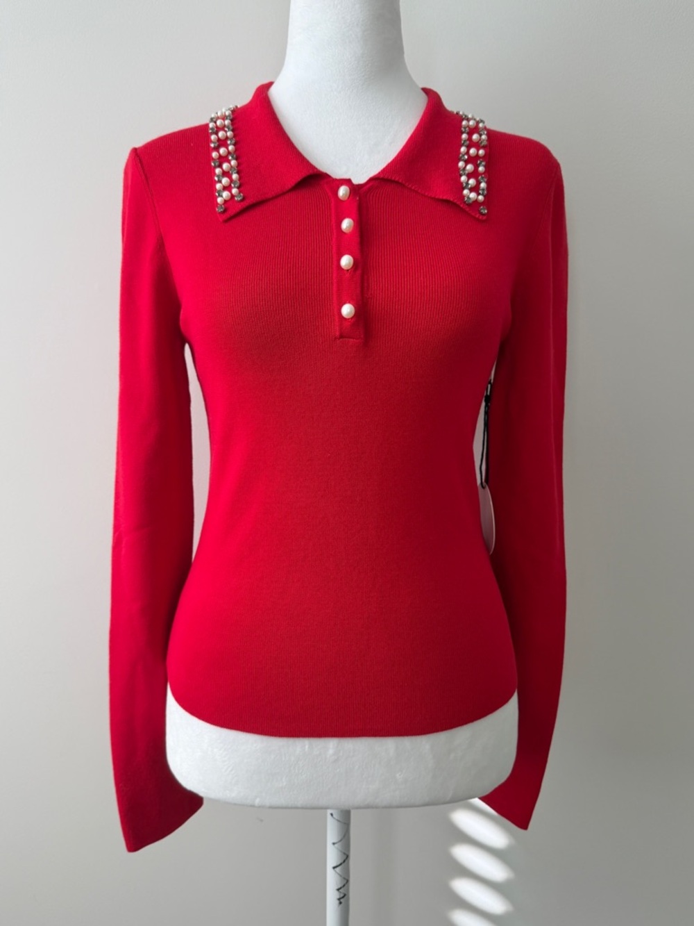 NWT Pearl Button Red Long-Sleeve Polo Sweater